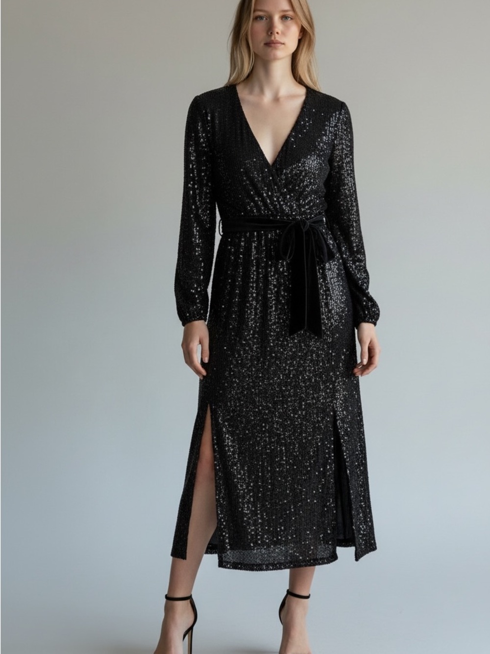 Betsey Johnson Black Solid Wrap Midi Dress V-Neck Long Sleeve Belted Slit M